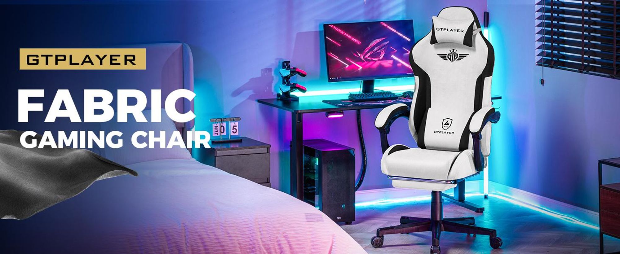GTPLAYER Gaming Stuhl, Ergonomischer Gamer Stuhl aus Stoff mit Lendenwirbelstütze, PC-Stuhl mit verbreiterter Rückenlehne, Belastbar bis 150 kg, Grau