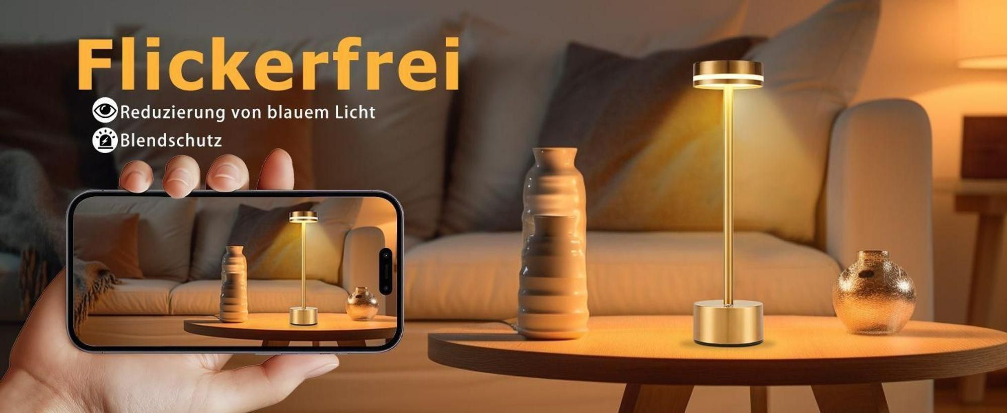Kabellose Dimmbare LED Tischleuchte, Wiederaufladbar 1800mAh Schreibtischlampe für Restaurants Bars Schlafzimmer Gold
