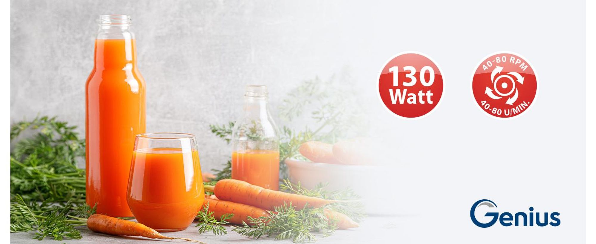 Genius Slow Juicer Entsafter Mini für Gemüse Obst 9 tlg, Kaltpressjuicer, 130 W, geräuscharm, schlichtes Design, leichte Früchte Saftpresse elektrisch