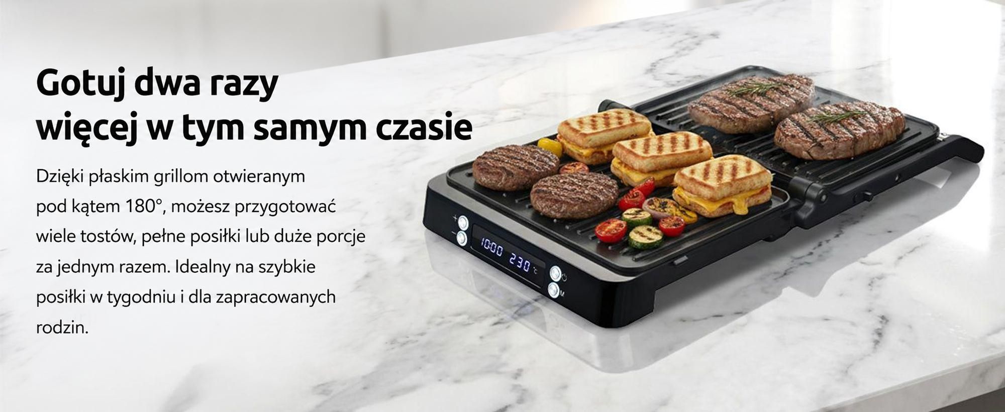 Grill kontaktowy Olvy XXL 2000W - opiekacz do 4 kanapek, opiekacz do panini z 7 programami, grill stołowy z wyświetlaczem, bez PFAS, regulacja do 230°