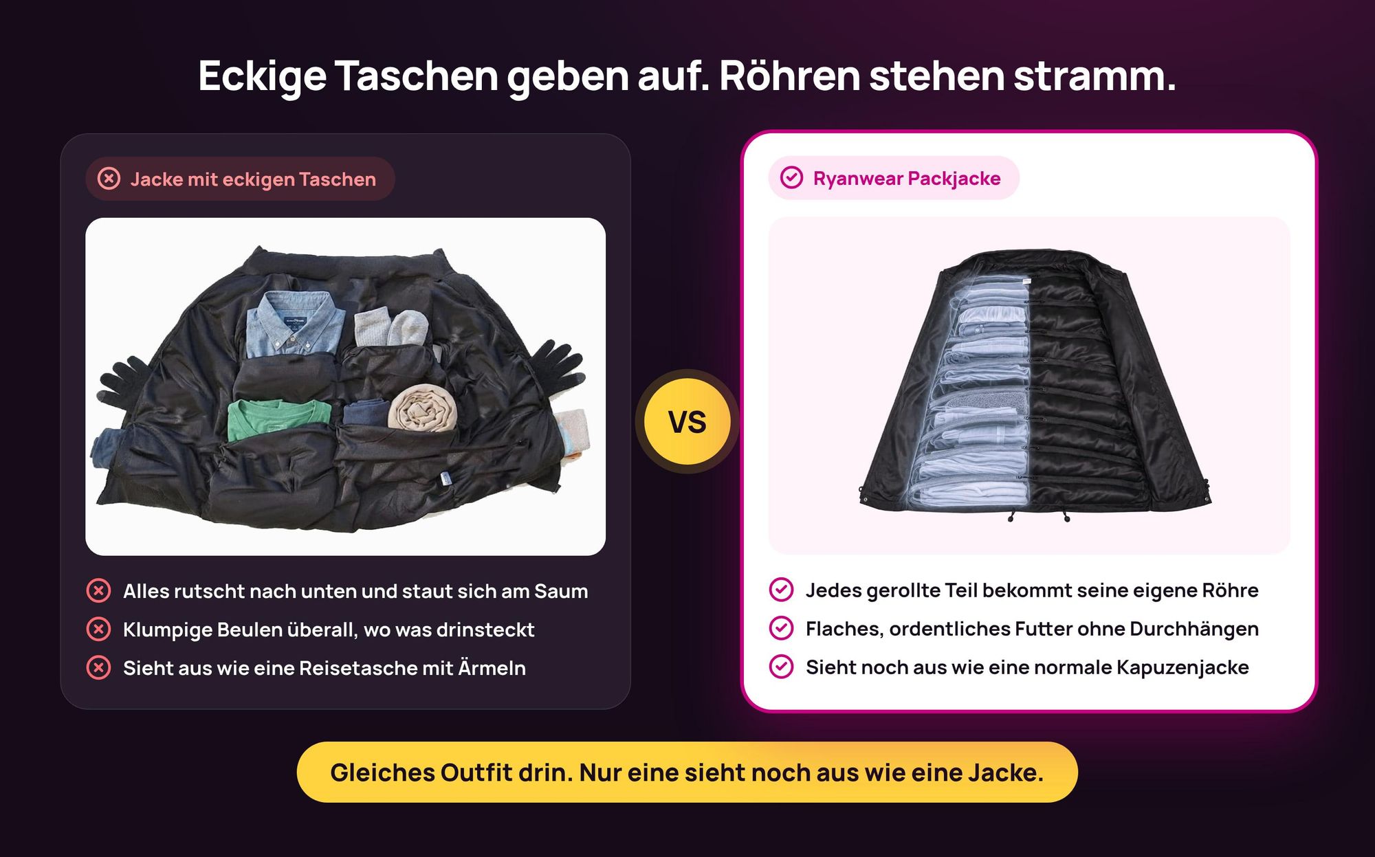 Vergleich: durchhängende Jacke mit eckigen Taschen vs. Ryanwear Packjacke mit Röhrentaschen