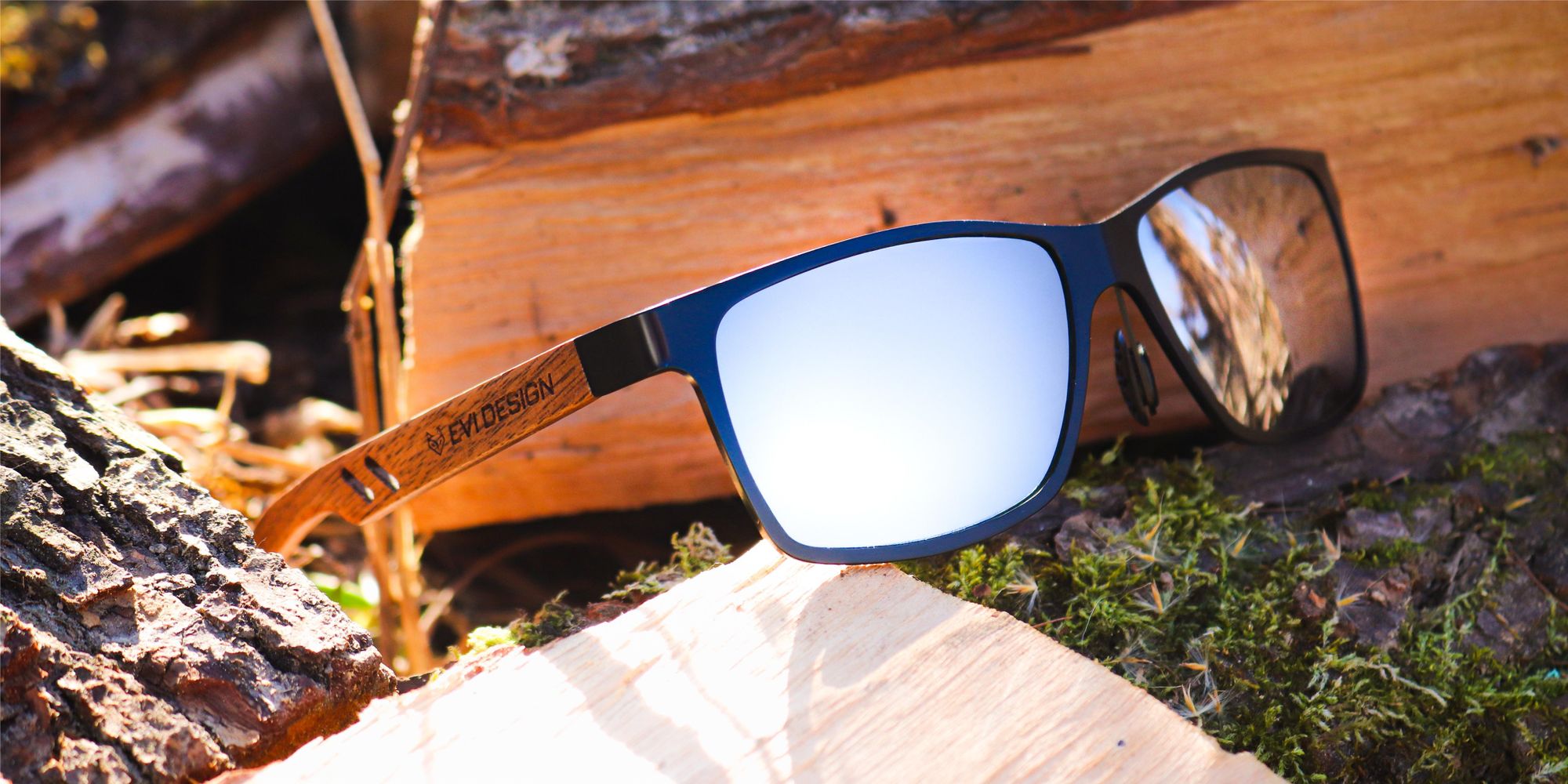 Sonnenbrille Herren Polarisiert UV400, Silber Verspiegelt Holz Sonnenbrille Nerd-Stil, Walnussholz-Bügel inkl. Etui & Zubehör, EVI DESIGN Silver