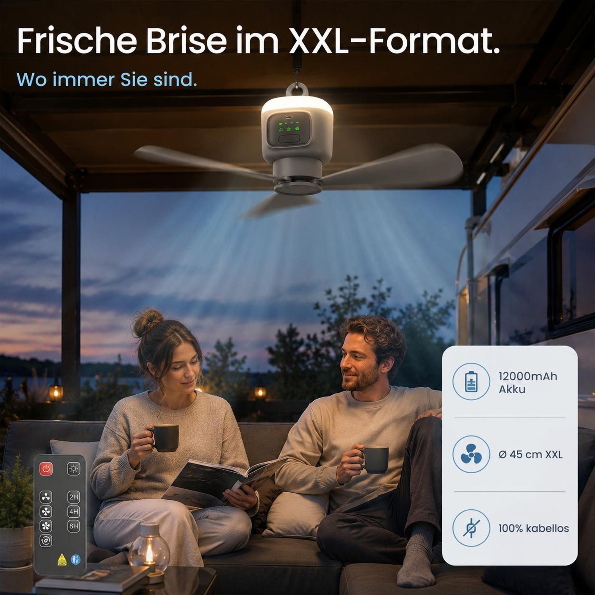 XL Ø45cm Camping Ventilator mit Licht, Akku 12000mAh, USB-C aufladbar, Deckenventilator mit Fernbedienung & Timer, Starke Brise für Zelt Pavillon RV