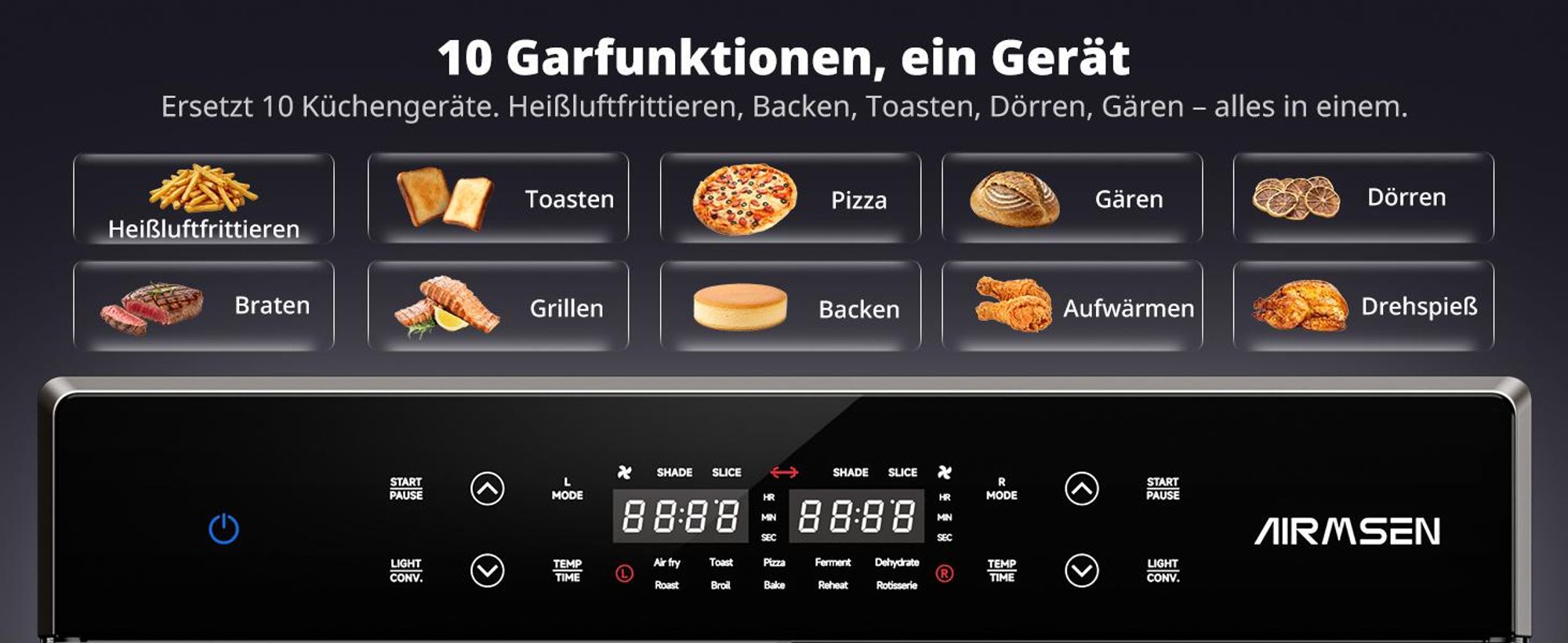 AIRMSEN - Minibackofen Digital 30L 1800W - Mini Backofen stufenlose Temperaturregelung bis 230°C, 2 Einschubhöhen, -Für kleine Küchen & Camping
