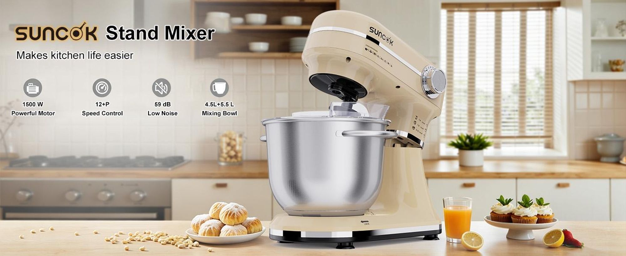 SUNCOK Multifunctionele keukenmachine, 1500W, 2 roestvrijstalen mengkommen (4,5L + 5,5L), 12 snelheden, met menggarde, deeghaak en garde, inclusief spatdeksel
