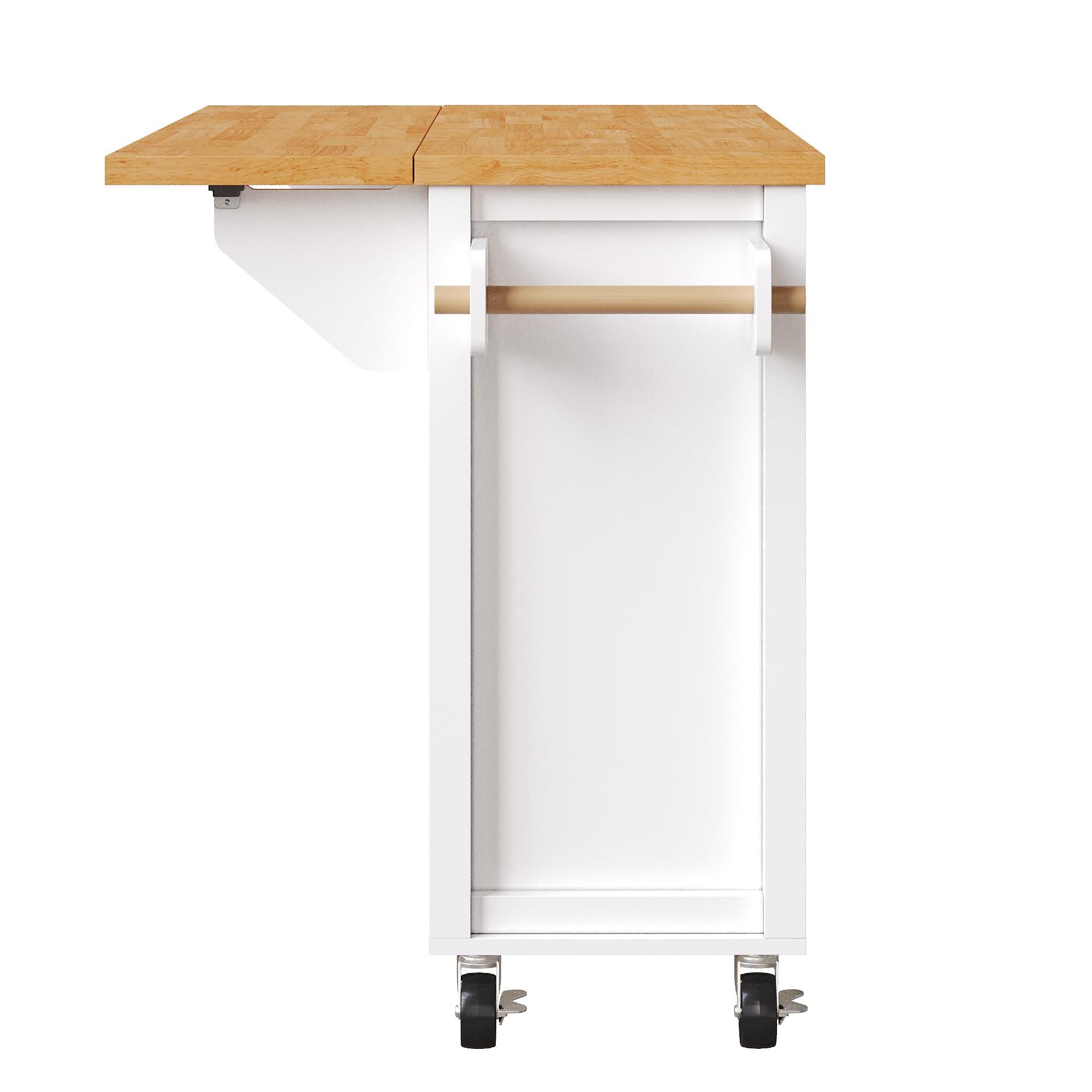 Flieks Servierwagen Speisewagen Erweiterbar, Buffetschrank Kücheninsel mit Schublade, Handtuchhalter und Gewürzregal, 99x40-70x90 cm, Weiß