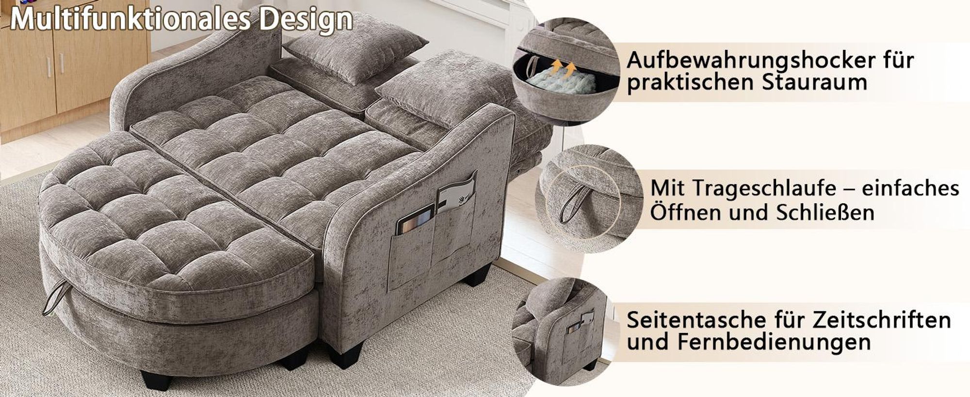 MODFU Multifunktionales Sofa Schlafsofa mit Aufbewahrungs-Hocker,Relaxsofa mit rutschfeste Kunststoffbeine,Braun
