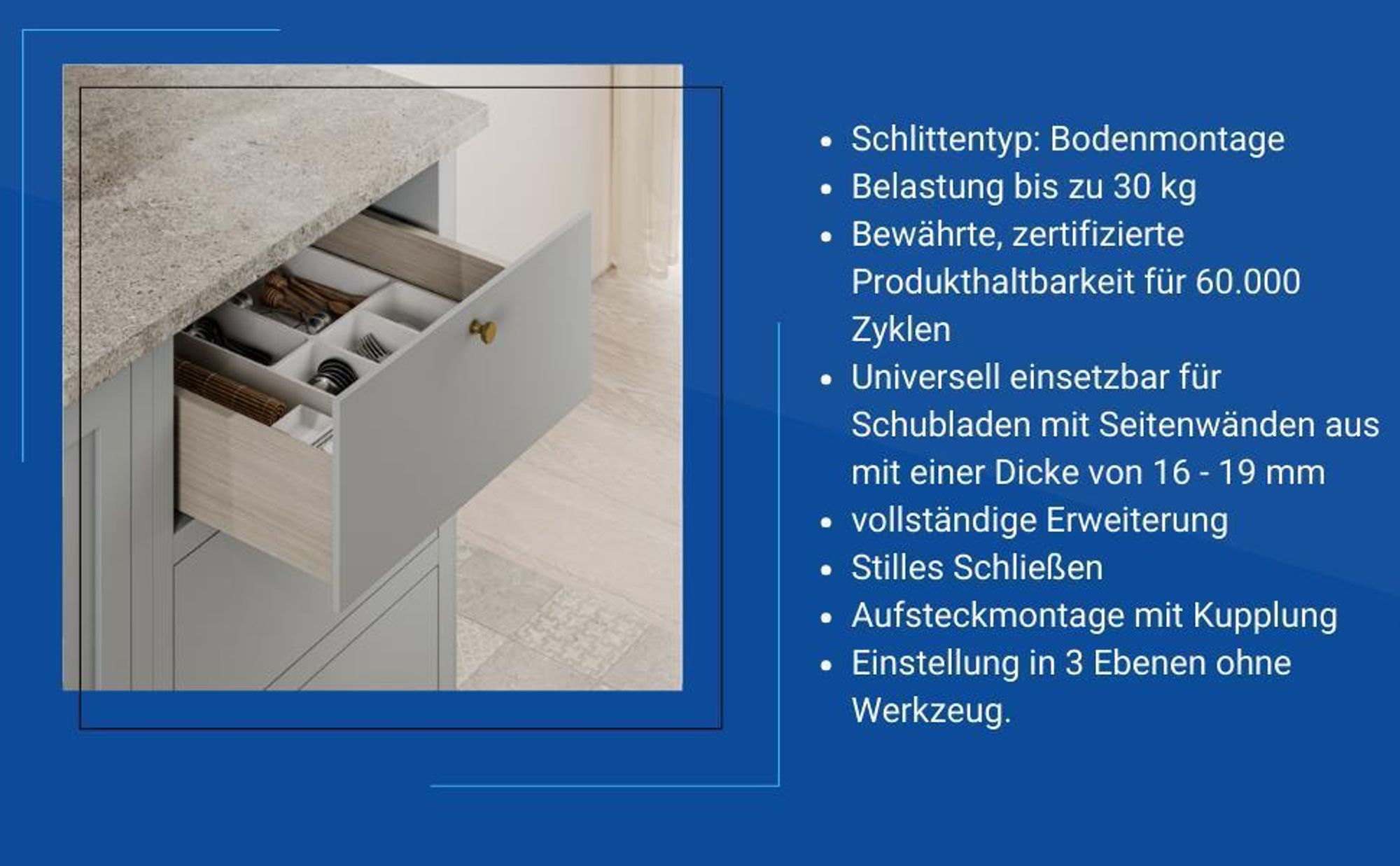 GTV Unterflurführung Schubladenschienen Vollauszüge Schubladenauszüge - 500 mm - Soft-Close Schienensystem - Slide Montageführung absenken - Belastbar bis 30 Kg - 1 Set = 2 Stück