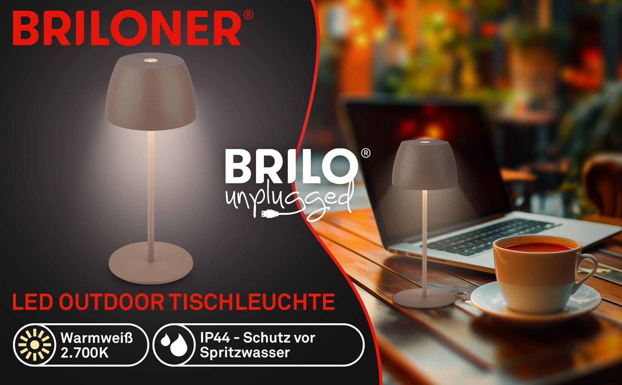 LED Akku Tischleuchte mit Touchdimmer IP44 2,5W 150 lm 2700 K umbra/braun H 20 cm