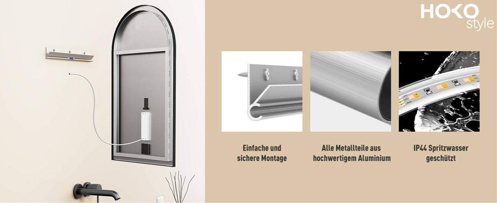 HOKO Badspiegel Bogen LED 60x100cm mit Metallrahmen, HOCH+QUER Montage, Arch Lichtspiegel+Touch Schalter+Licht Wechsel 2700-6500K, Warmweiß-Kaltweiß