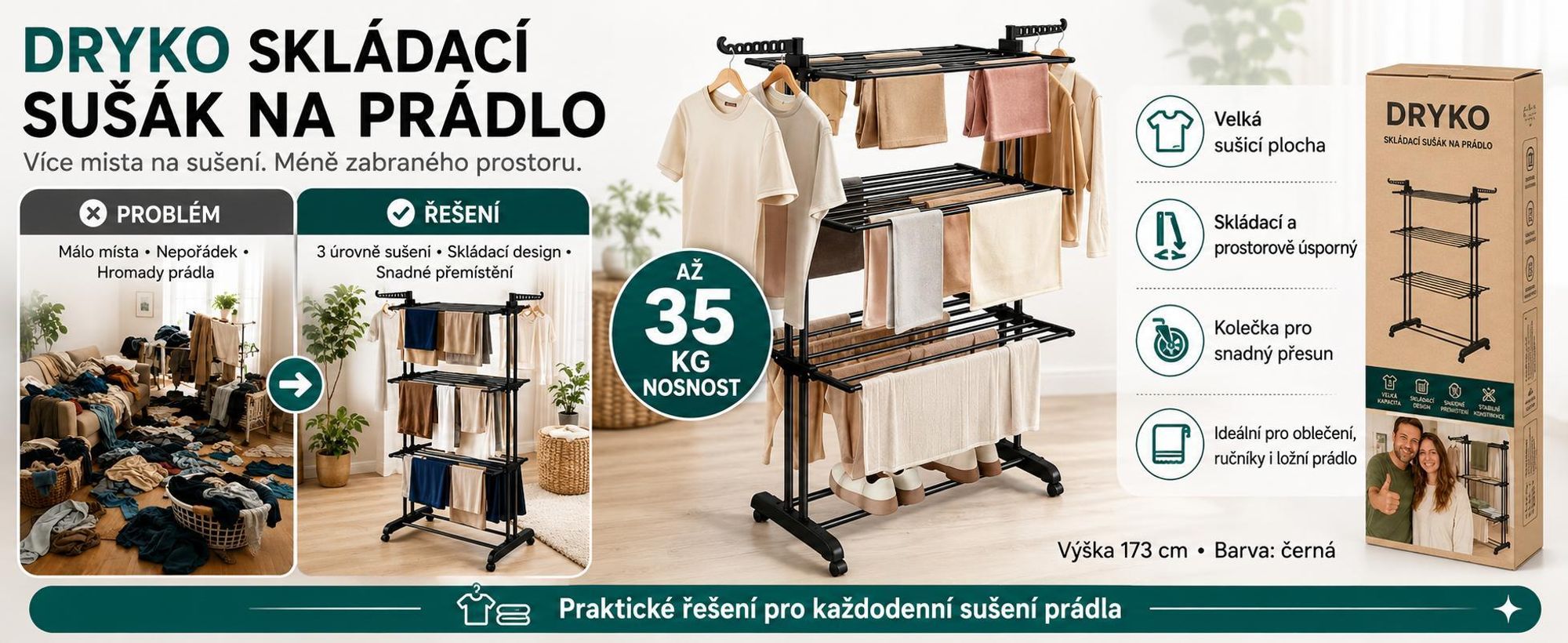 Skládací sušák na prádlo o výšce 173 cm s kolečky, skládací sušák na prádlo s nosností až 35 kg - DRYKO