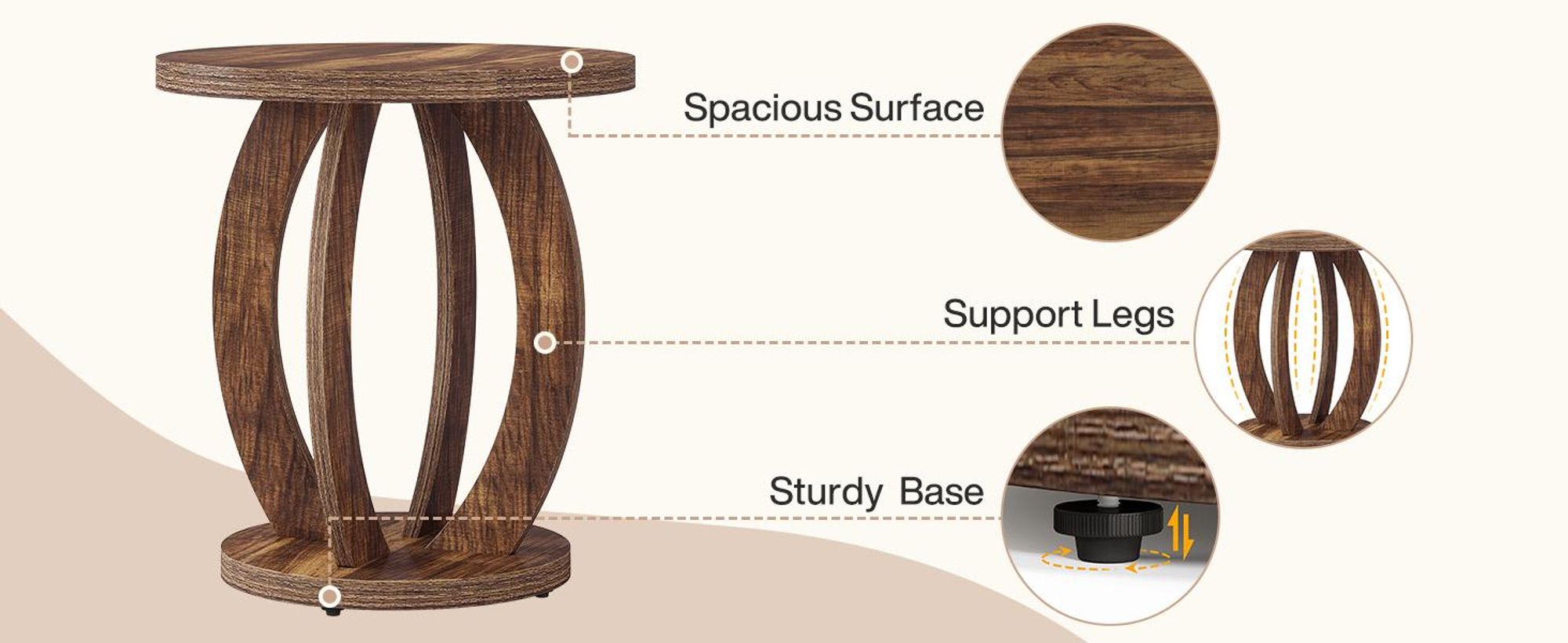 Tribesigns Runder Beistelltisch, Nachttisch fürs Schlafzimmer, Couchtisch im Landhausstil mit Holzgestell, Sofatisch aus Holz fürs Schlafzimmer