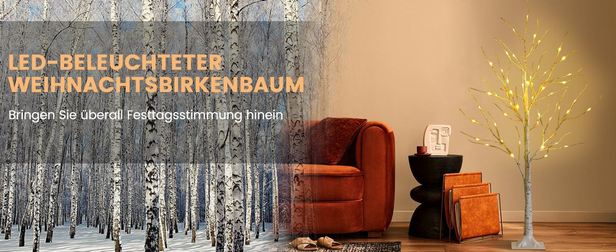 COSTWAY 180cm LED Lichterbaum, Birkenbaum mit warmweißen LED-Leuchten, künstlicher Weihnachtsbaum, Tannenbaum, Christbaum, Kunstbaum, Dekobaum