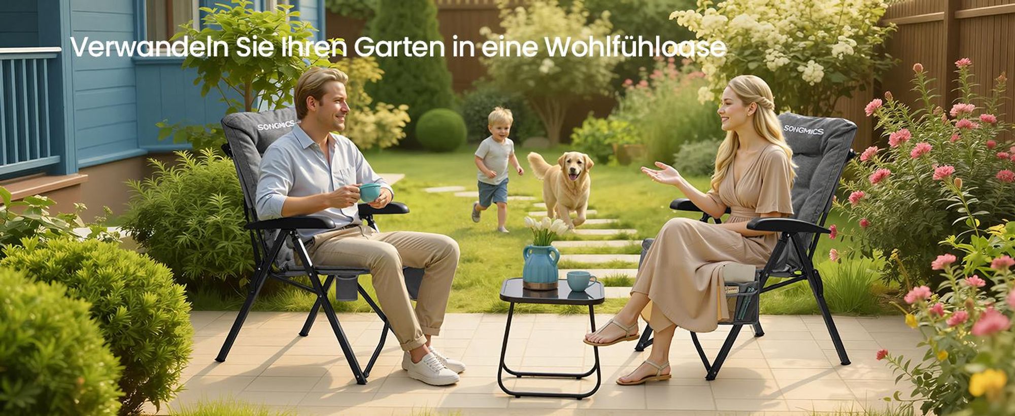 SONGMICS Campingstuhl, verstellbare Rückenlehne 95°-150°,  6 cm Polsterung, Tragetasche, Angeln, Garten, Camping, schwarz