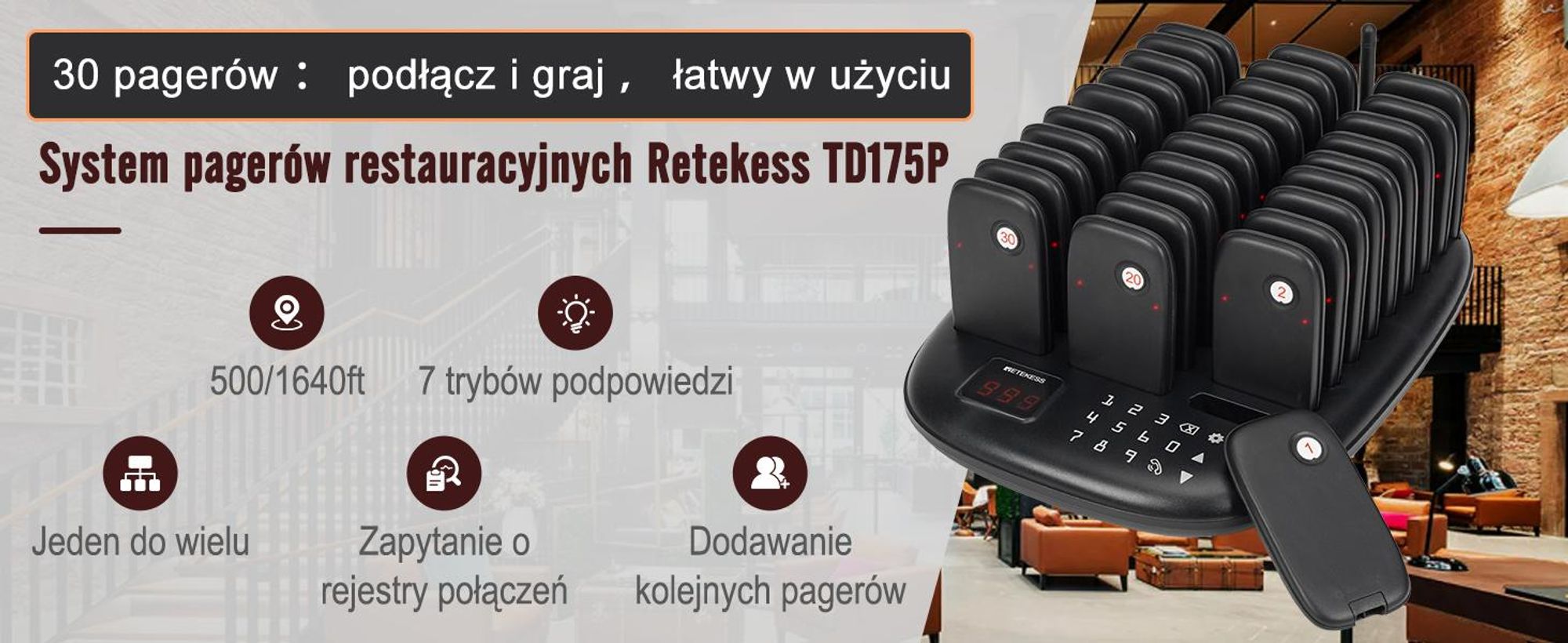 System przywoławczy Retekess TD175P dla restauracji, 30 przywoławców, zasięg 800 m, 7 trybów wywołania, przywoławce do stref gastronomicznych, kawiarni, barów, lokali gastronomicznych, krótkofalówki