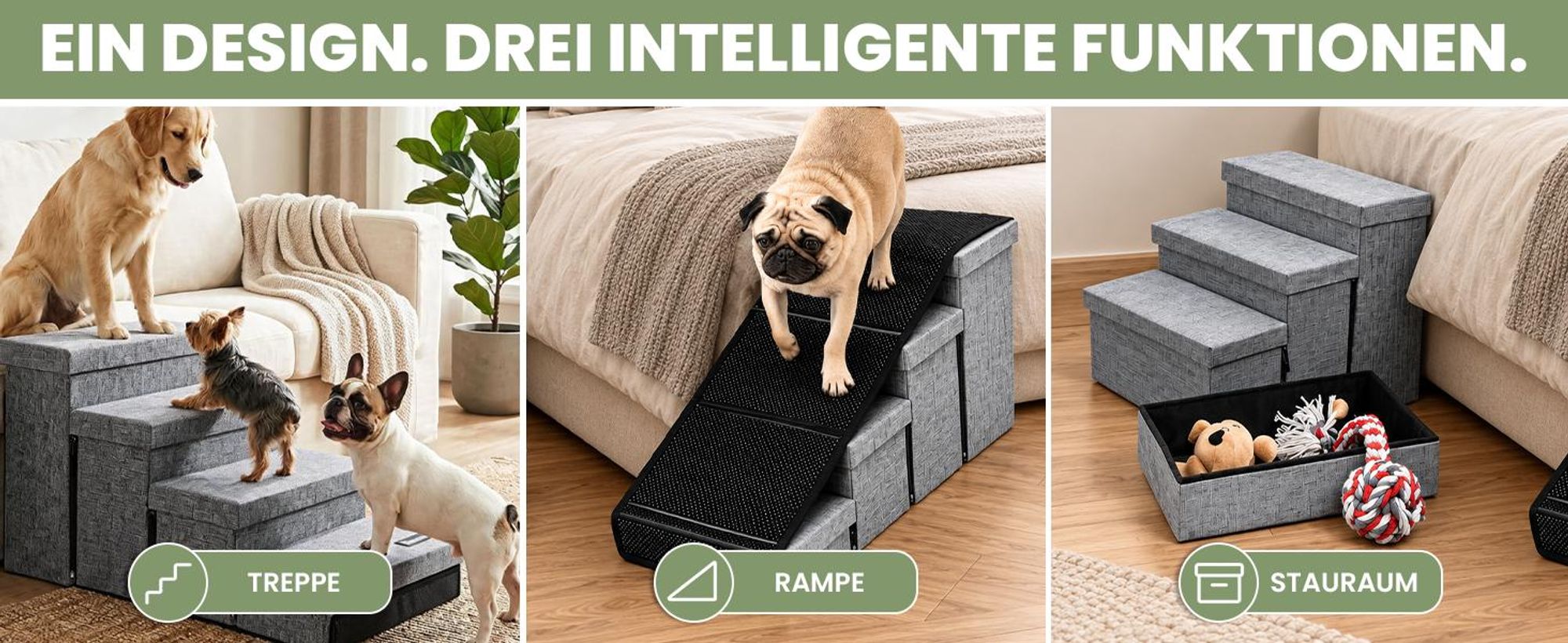Snuffilo 3-in-1 Hundetreppe, klappbar mit Stauraum & Rampenfunktion – 4 Stufen Hundetreppe für Kleine Hunde & Katzen | Gelenkschonende Hunde Treppen Bett & Sofa - Bis 45+ kg | Grau