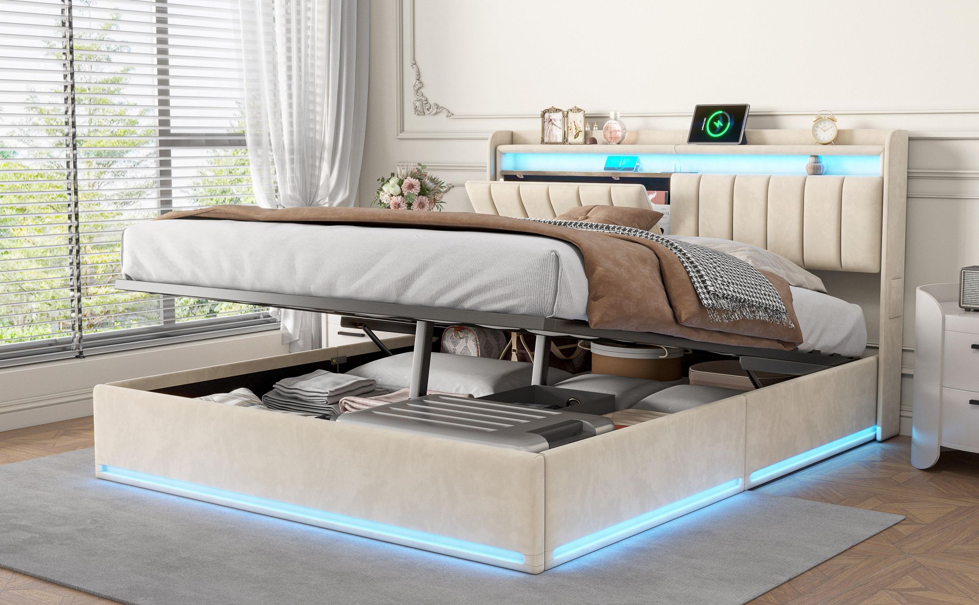 INONEFT Boxspringbett 140×190 mit LED &USB ,Polsterbett mit Stauraum,Hydraulisches Doppelbett, Samt, Beige.