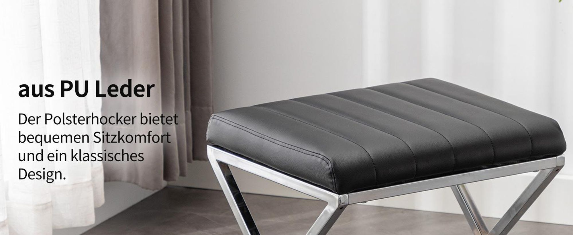 Duhome Sitzhocker Kunstleder, Polsterhocker Fußhocker Gepolstert Moderner Hocker mit Metallgestell für Flur Wohnzimmer Schlafzimmer, Schwarz