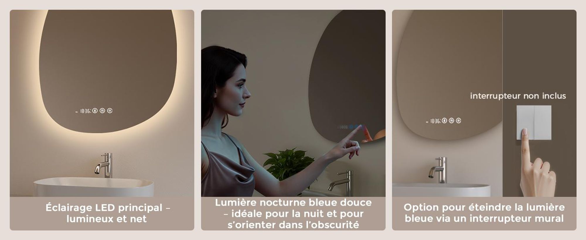 S'AFIELINA Miroir de salle de bain avec éclairage Asymétrique 60 x 45 cm avec 3 couleurs de lumière réglable, antibuée, Bluetooth, horloge, température, fonction mémoire