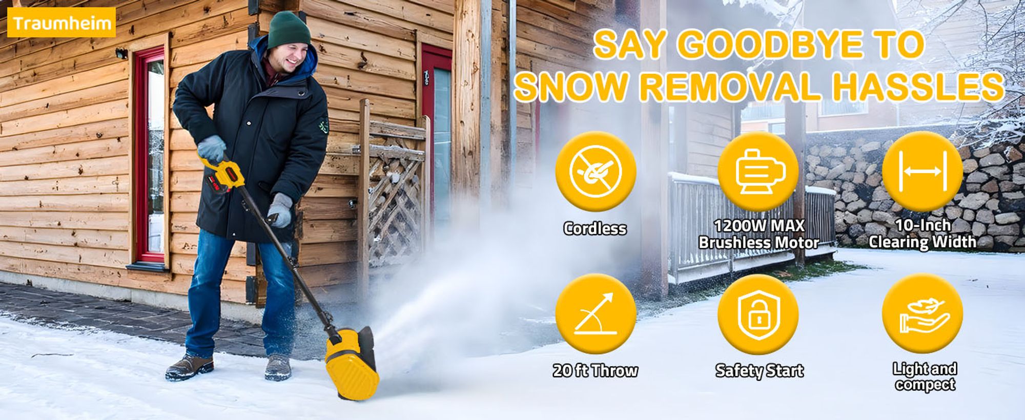 20V Akku-Schneefräse, abnehmbare Schneefräsen, maximale Wurfweite 8 m, Schneeräumbreite 28 cm, 2Akkus, Zusatzhandgriff, elektrische Schneeräumung,Gelb