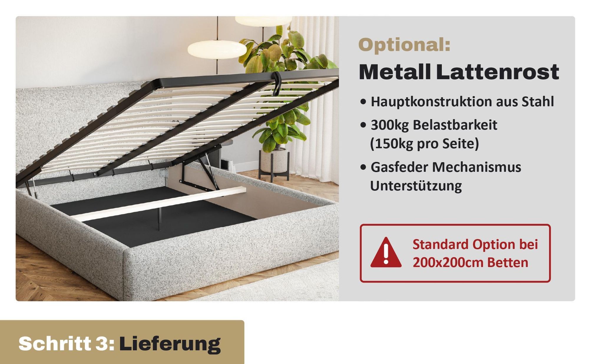 MOTIVENA Leno Polsterbett 120x200 mit Bettkasten, Holz Lattenrost, Bett 120x200 Beige Strukturstoff (Puente 06)