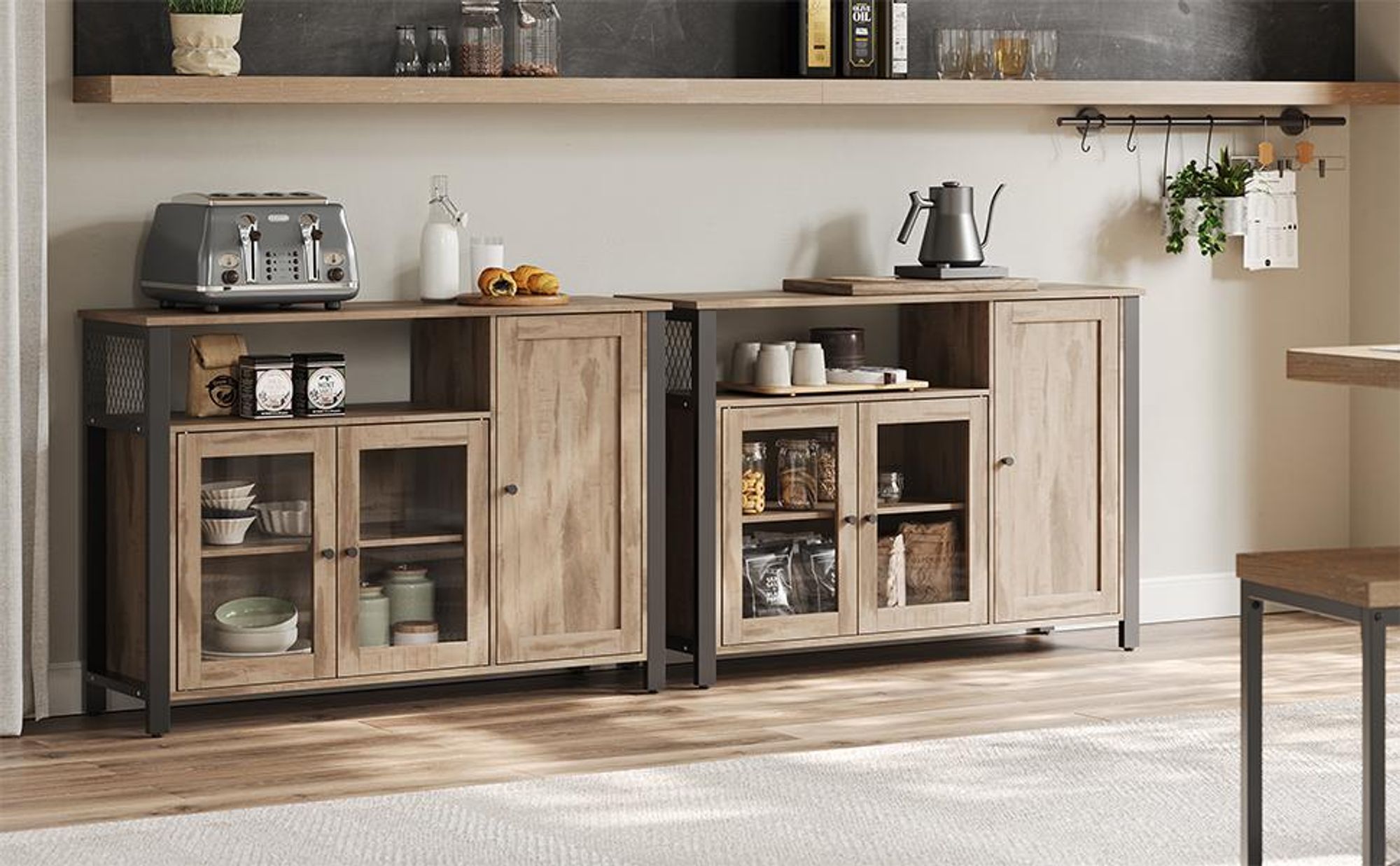 VASAGLE Sideboard, Küchenschrank, Aufbewahrungsschrank, mit 3 Türen, für Wohnzimmer, Küche, Esszimmer, 33 x 110 x 75 cm, Landhausstil, eichenbraun-schwarz CSL096B50