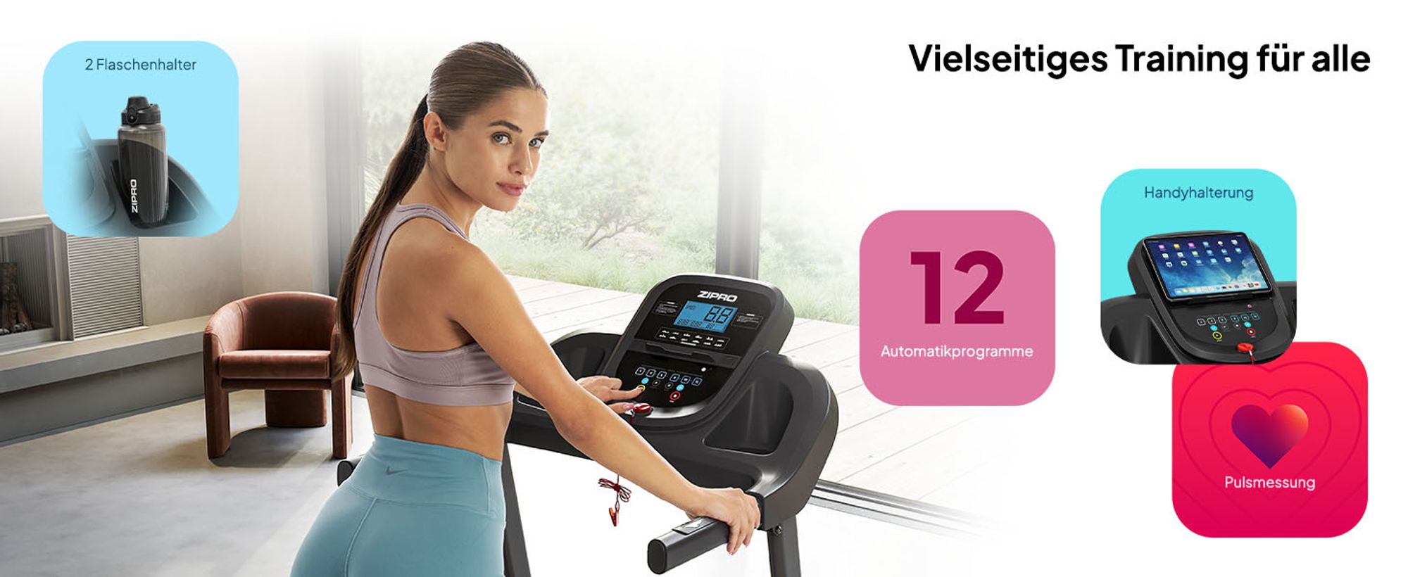 Zipro Tekno klappbares Laufband, 1080 W leiser Elektromotor, breite Lauffläche 40cm Laufband für Zuhause Klappbar mit Steigung SportRun Running Sport
