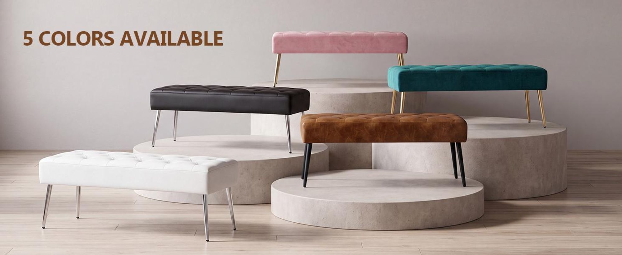 Bank met fluweel en kunstleer, gestoffeerde bank, make-up krukje, make-up tafel. Kleurkeuze, kleur: oranje-bruin, materiaal: kunstleer
