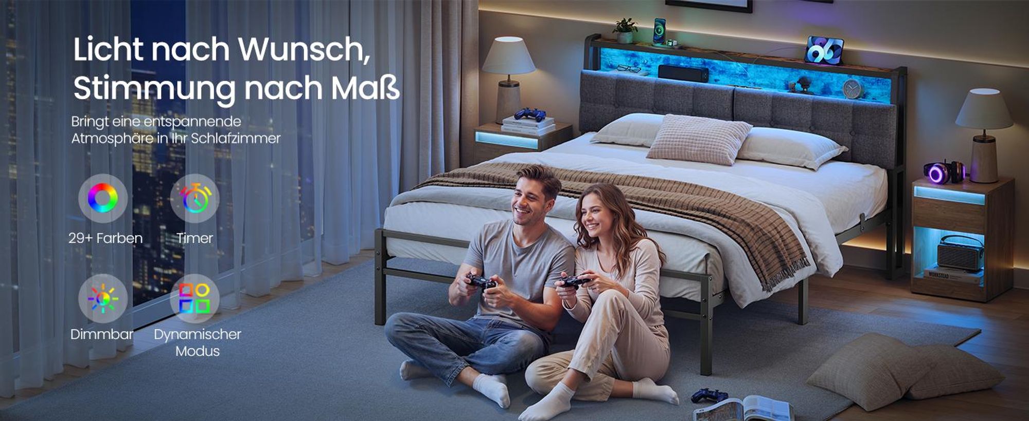 VASAGLE Bettgestell 160 x 200 cm mit Stauraum, Metallrahmen, Bett mit LED-Beleuchtung und Kopfteil, schwarz-braun