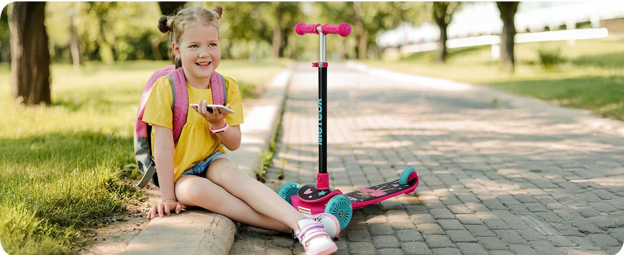 Dreirad-Kinderroller Meteor Funny – Bunte Leucht-LED-Räder, verstellbare Höhe, bis 50 kg, Rosa