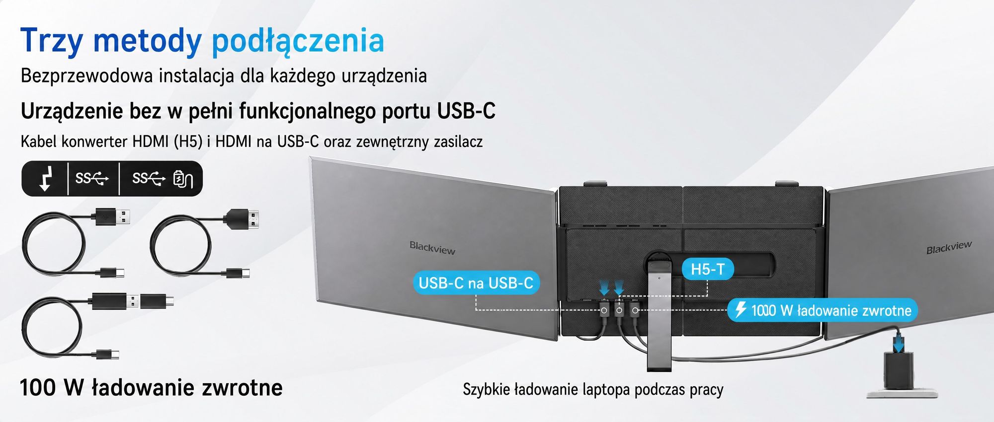 Blackview Przenośny monitor DCM6 14", monitor do laptopa z dwoma ekranami, ultracienki, FHD, do laptopów 13,3"-17,3", certyfikat obrót o 180°, kompatybilny z systemami Windows/Mac/Android