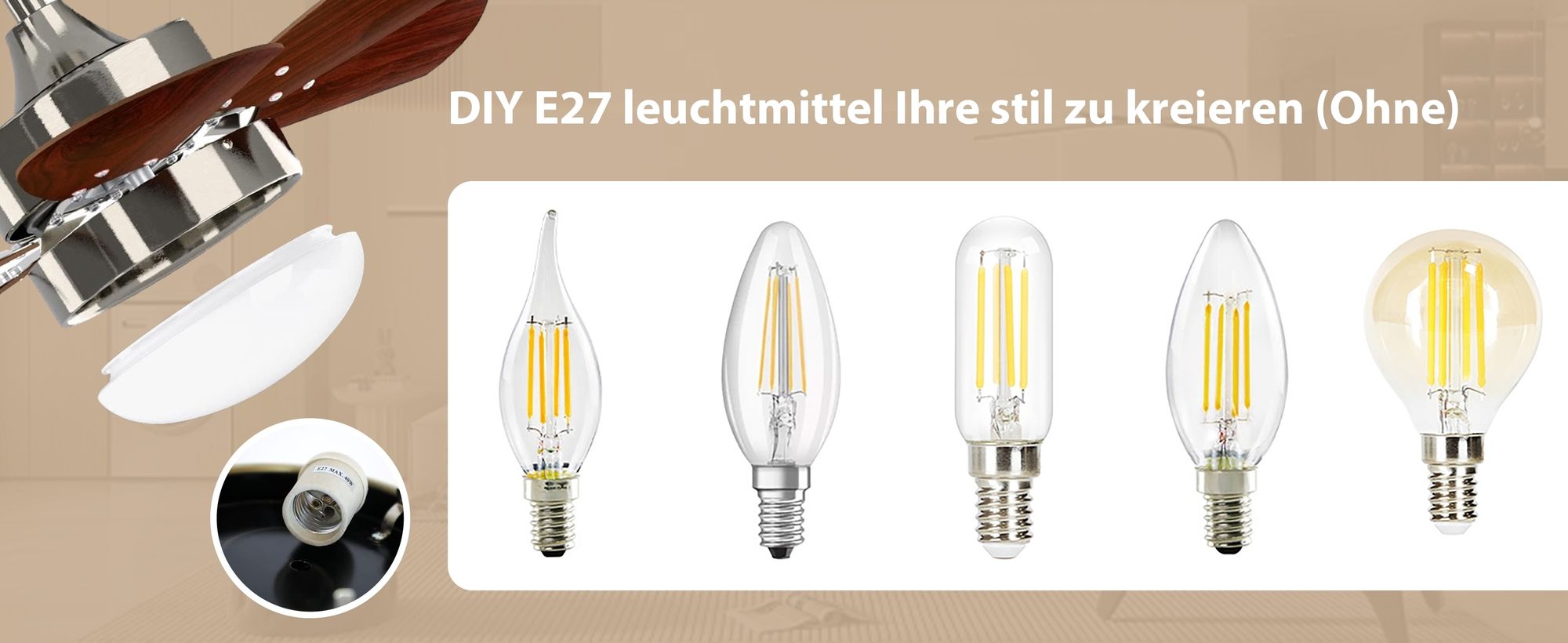 Dieser Deckenventilator Holz hat einen Standard E27-Sockel.