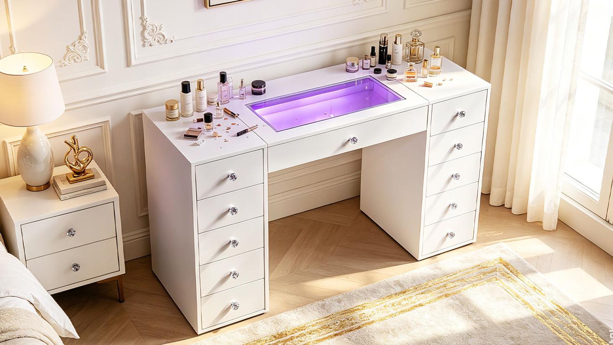 VANITII Coiffeuse avec éclairage LED Blanc 130 x 55 x 81 cm