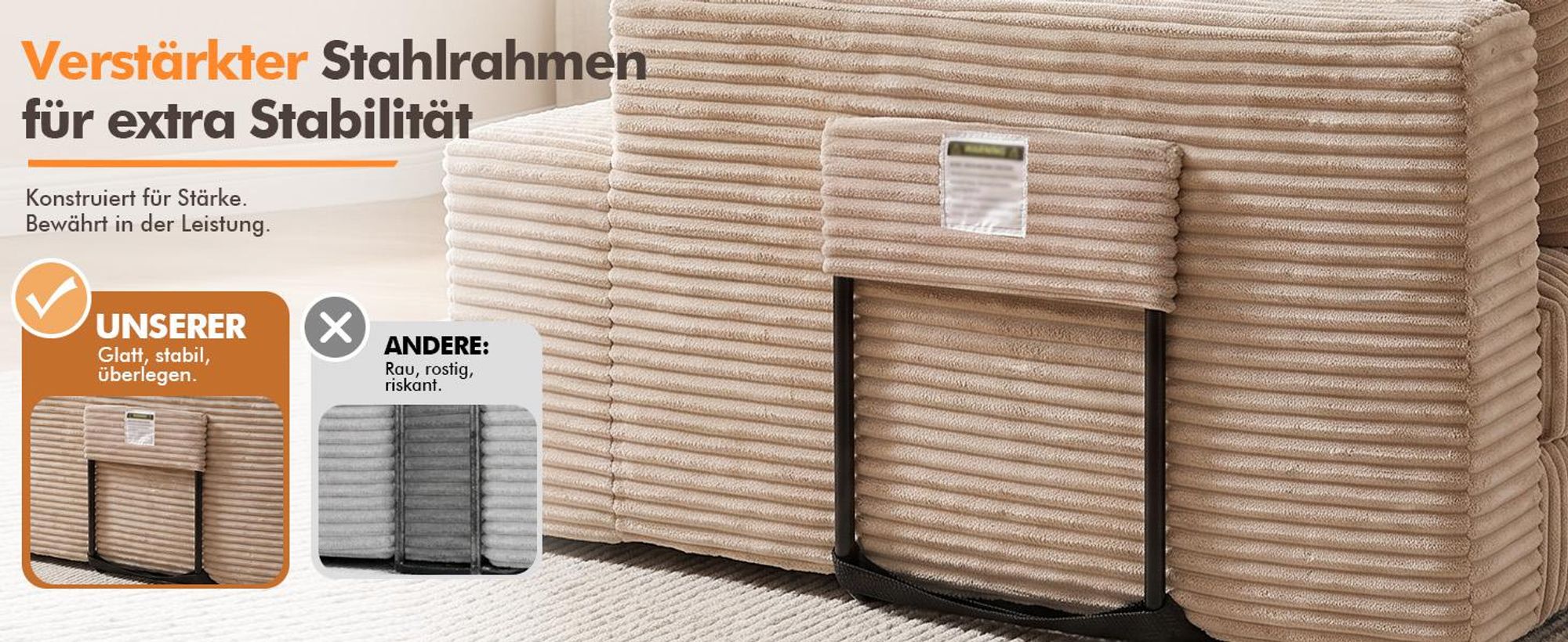 COMHOMA Ecksofa mit Schlaffunktion, 228cm Corduroy Modulares Boneless Couch mit Chaiselongue & Rücken-Metallgestell, L-Form Schlafsofa mit offenem