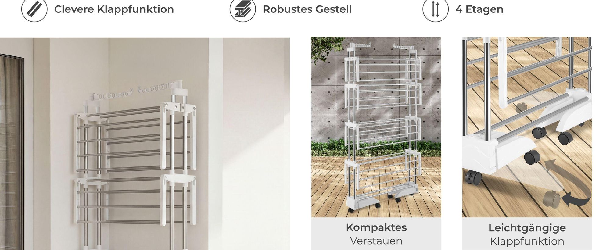 tectake® Turmwäscheständer Odelia klappbar 6 drehbare Doppelrollen, 2 mit Feststellbremsen