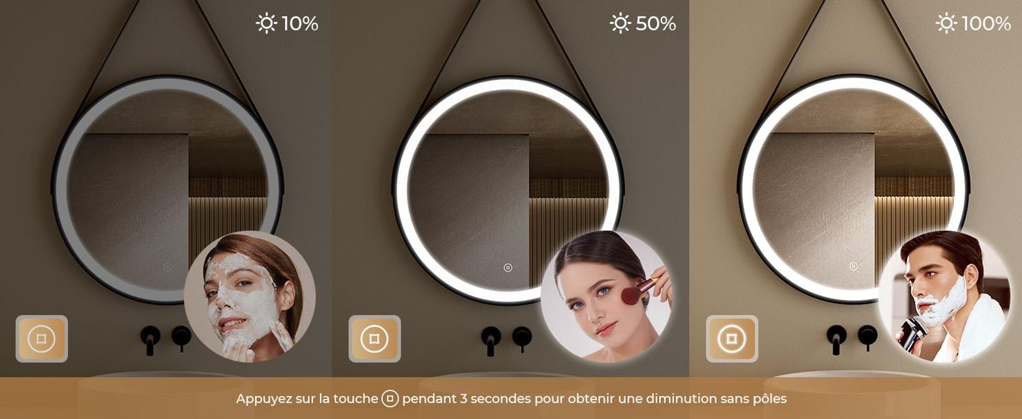 S'AFIELINA miroir de salle de bain 60cm avec éclairage rond miroir de salle de bain LED tactile et lumière blanche froide cadre noir ceinture en cuir réglable