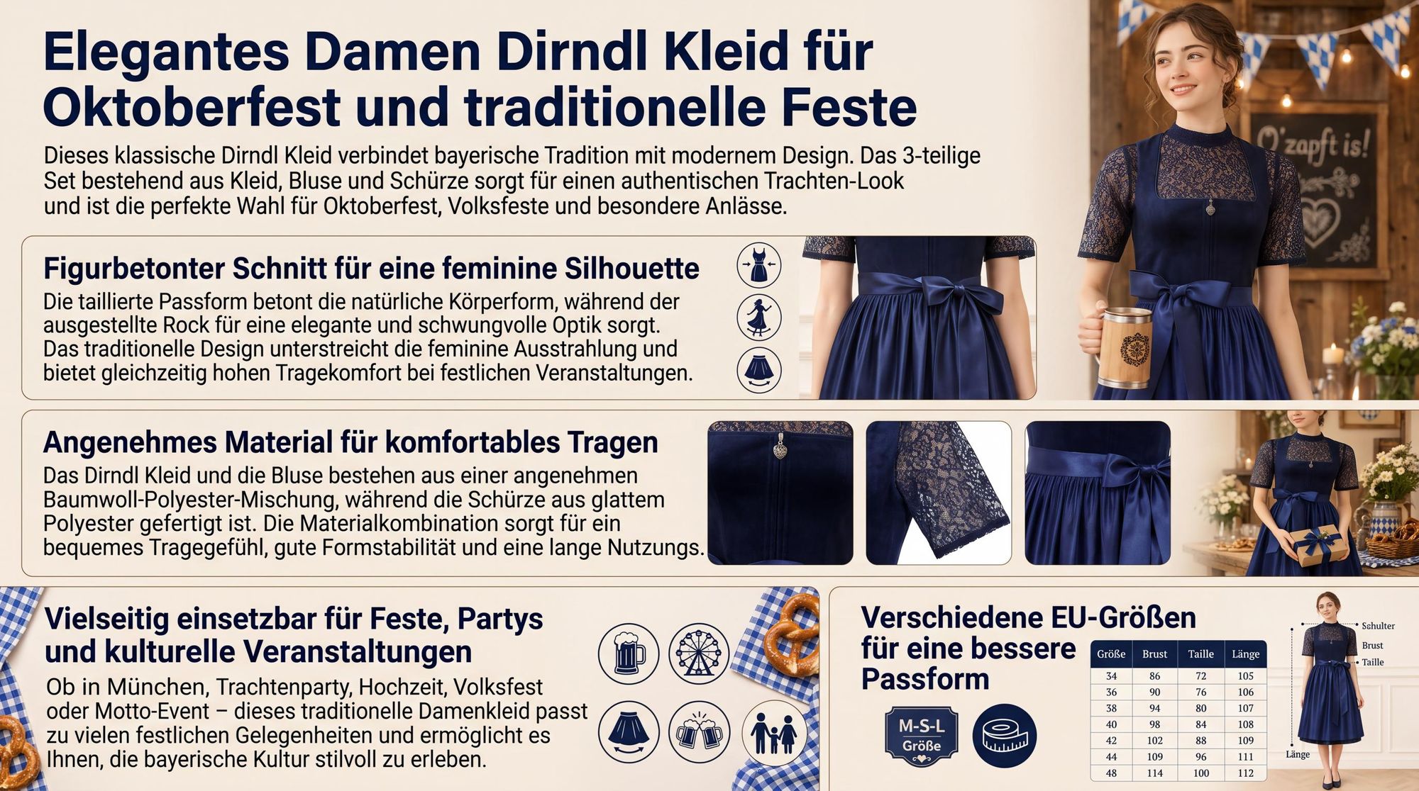 Dirndl Kleid Damen Lang, Trachtenkleid mit Schürze und Bluse, Outfit für Frauen, Bayerisches Kleid für Volksfest und Party-S