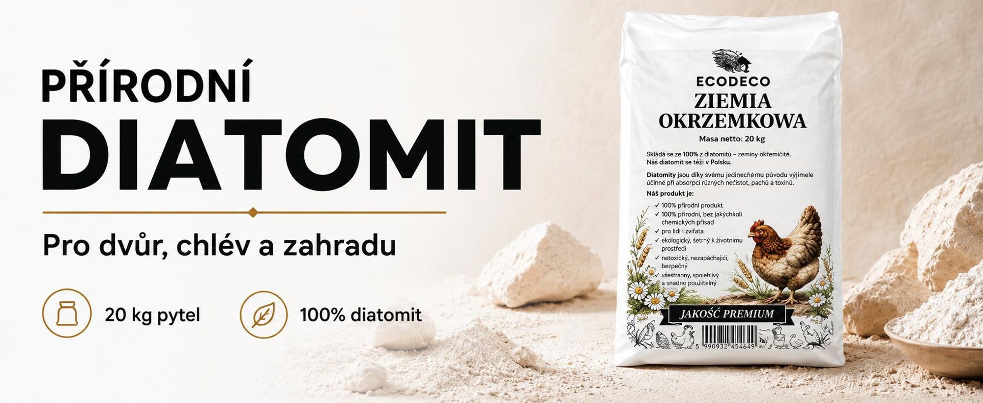 Ecodeco, křemelitá zemina (diatomit), 10 kg. Vhodná pro slepčí hnízda, stelivo a chov zvířat. Minerální materiál, který dobře absorbuje vlhkost, je bez zápachu