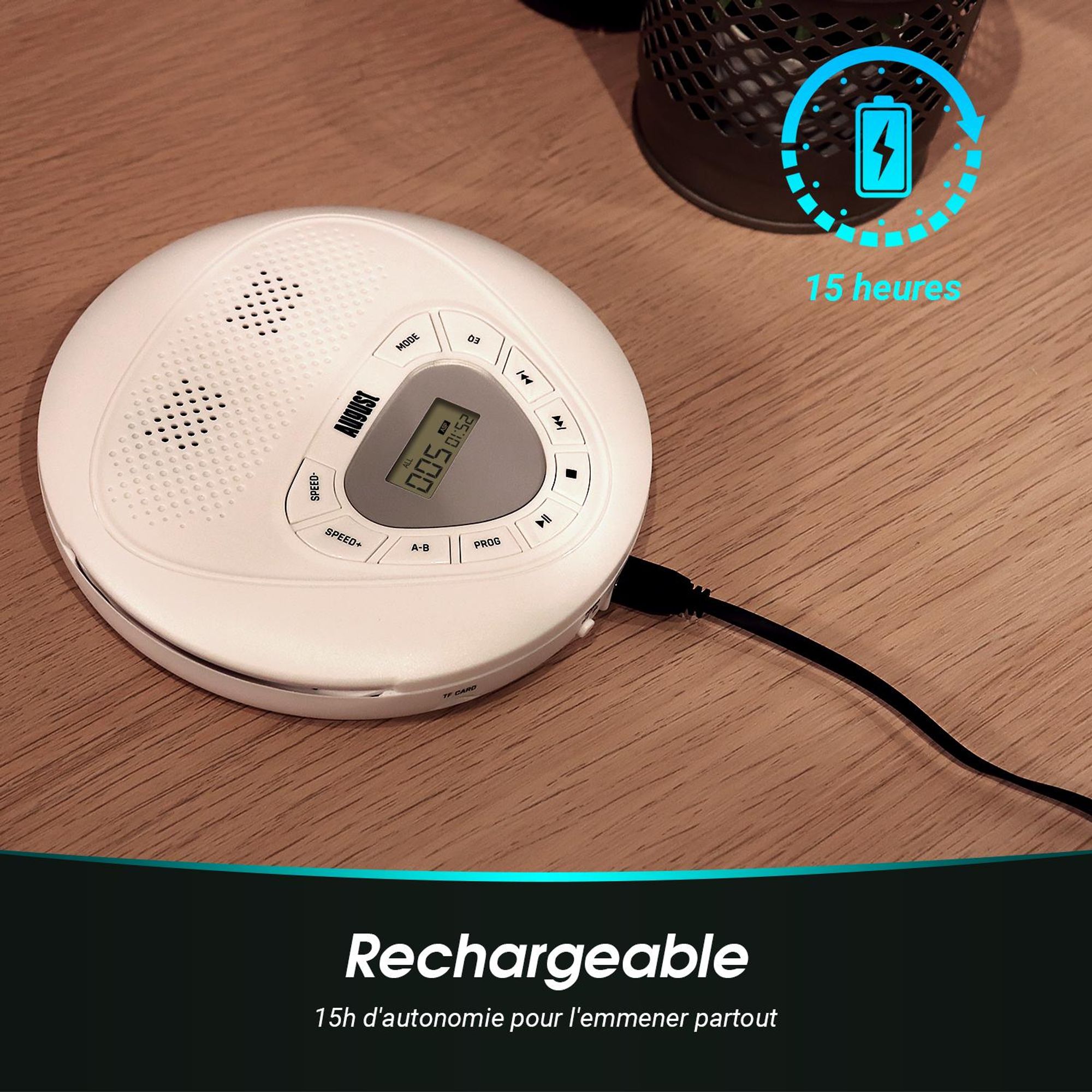 Lecteur CD portable avec haut-parleurs intégrés et prise AUX – August SE10W
