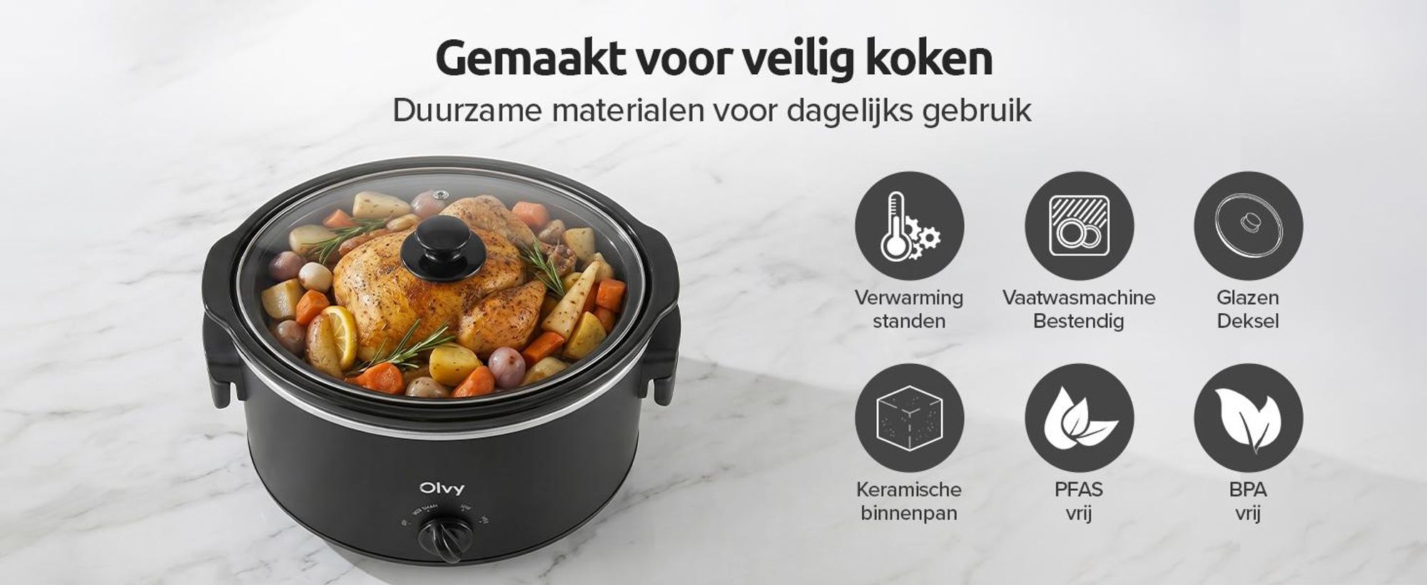 Olvy Slow Cooker 6L – Slowcooker met keramische binnenpan – Warmhoudfunctie – inclusief kookboek