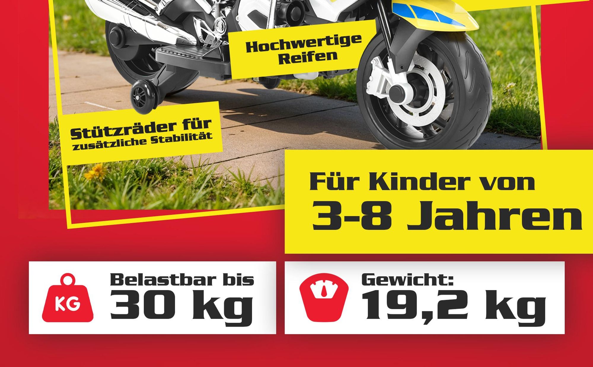 HECHT Kinder Motorrad | BMW R1200RT Polizei | bis 6km/h | 35W | mit Stützräder | Koffer | Radio | Blaulicht | Sirene