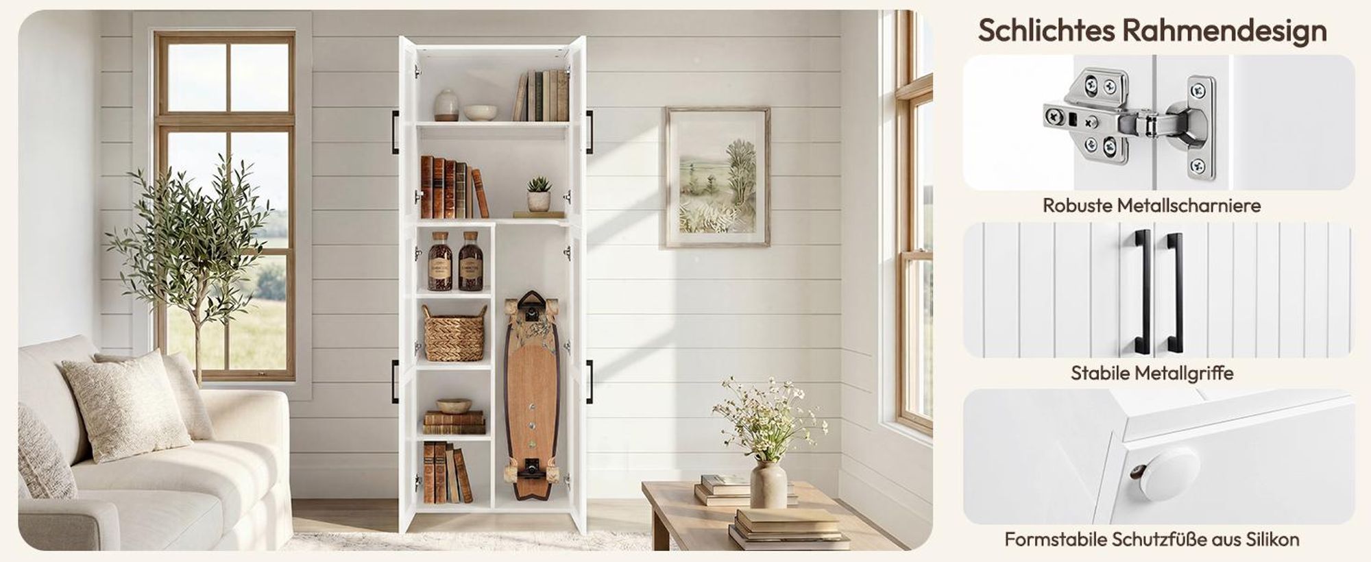 Yaheetech 175,5 cm H Mehrzweckschrank 37,5 cm tiefer Besenschrank für Staubsauger, Vorratsschrank Aufbewahrungsschrank mit 4 Türen, Weiß