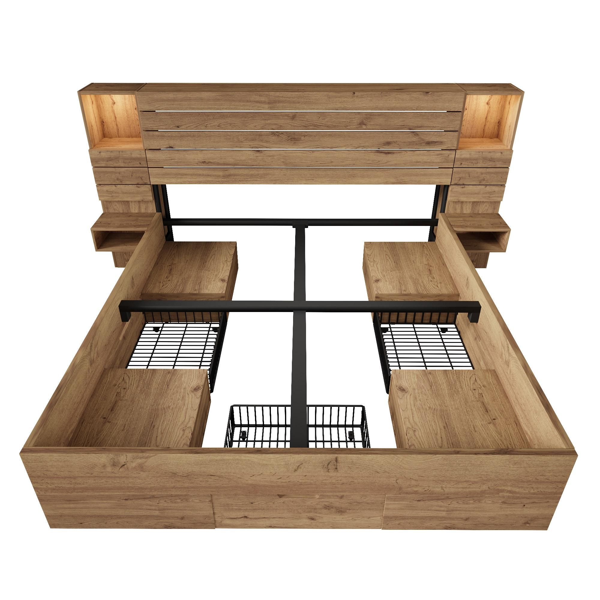 Flieks Stauraumbett Doppelbett 180x200cm mit USB & Type-c, Jugendbett Holzbett mit LED, Funktionsbett mit Schubladen, offene Fächer & Nachttisch, Oak