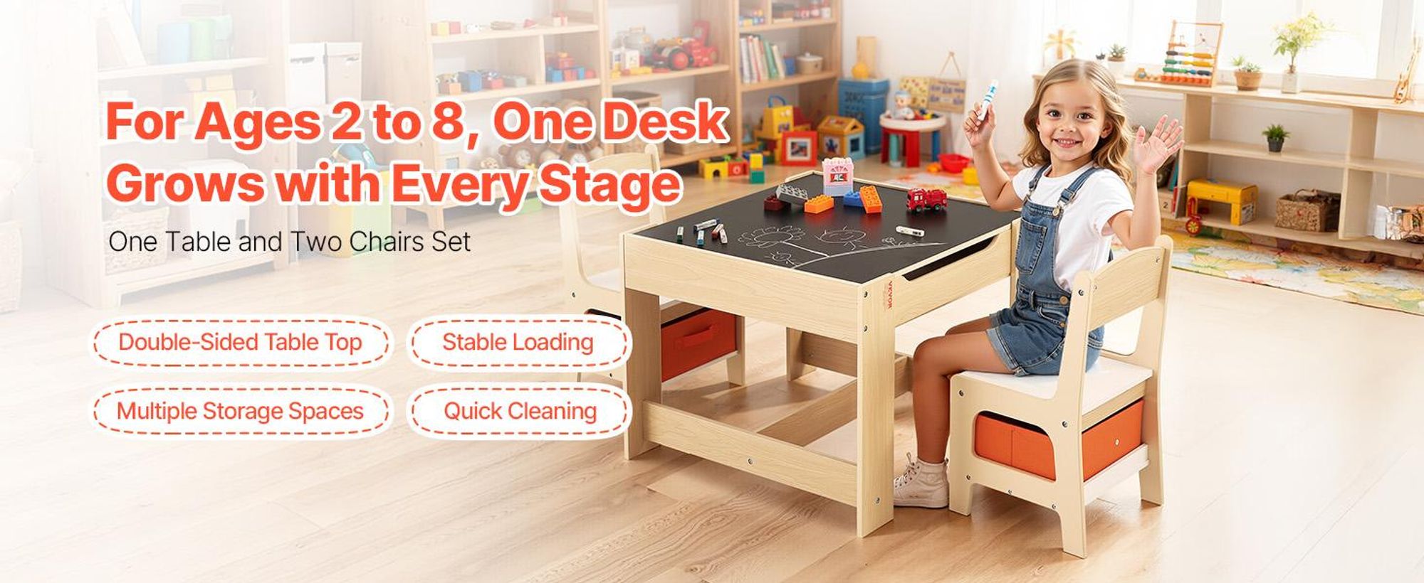 VEVOR Kinder Tisch- und Stuhlset, Holz-Aktivitätstisch mit Stauraum und Boxen, Spieltisch für Kleinkinder zum Malen, Basteln, Lesen, Lernen, Kreidetafel Tisch mit 2 Stühlen-a, Naturholzton