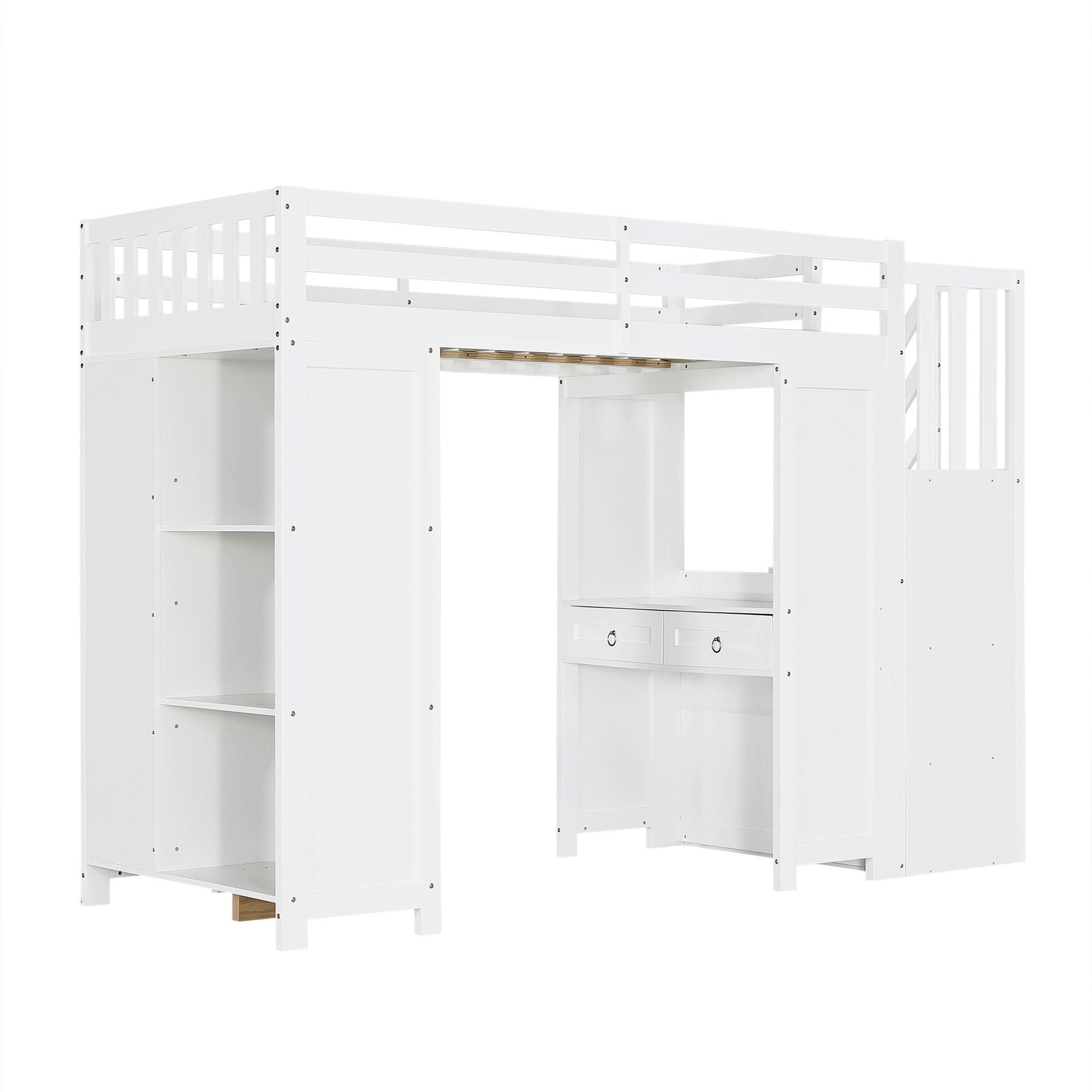 Flieks Etagenbett 90x200cm mit Schreibtisch und Regal, Kinderbett Hochbett mit Schubladen und Treppe, Stockbett Jugendbett mit Rausfallschutz, Weiß