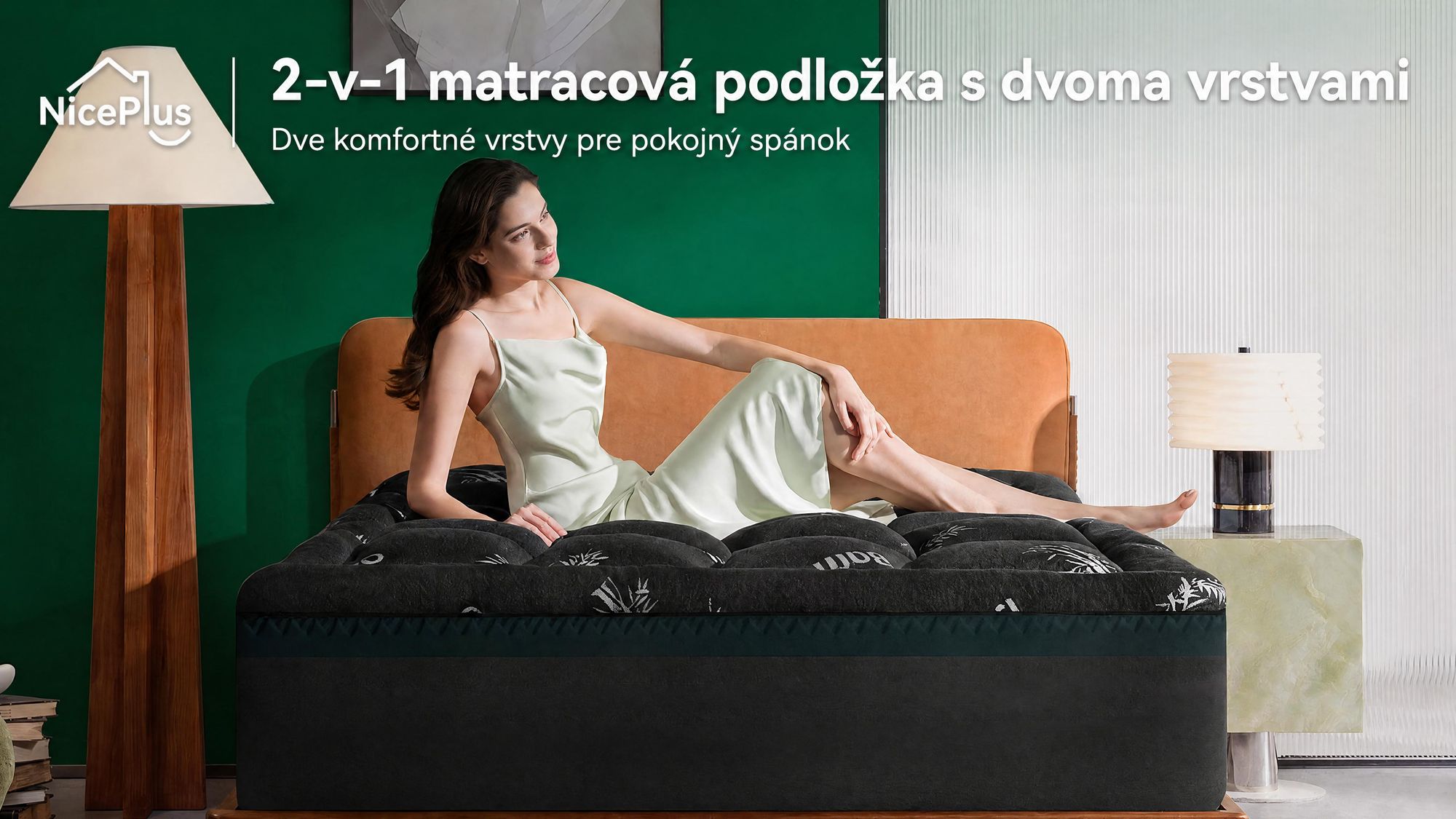NicePlus, vrchná matrace 2 v 1, 140x200x7 cm, 5-zónová pamäťová pena + vrchná vrstva z bambusu, s rohovými gumičkami pre všetky typy matrací, tvrdosť H2/H3, čierna
