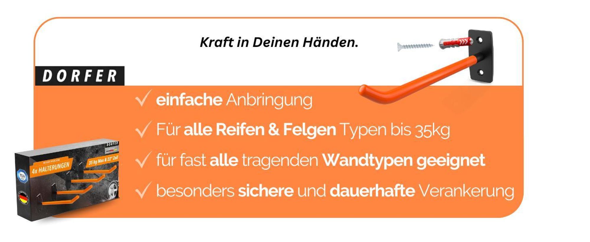 DORFER Reifen Wandhalterung 4er Set | 4x Reifenhalter Wandhalterung gehärteter Stahl inkl. deutschen Marken-Dübel & Schrauben verzinkt | Felgenhalter