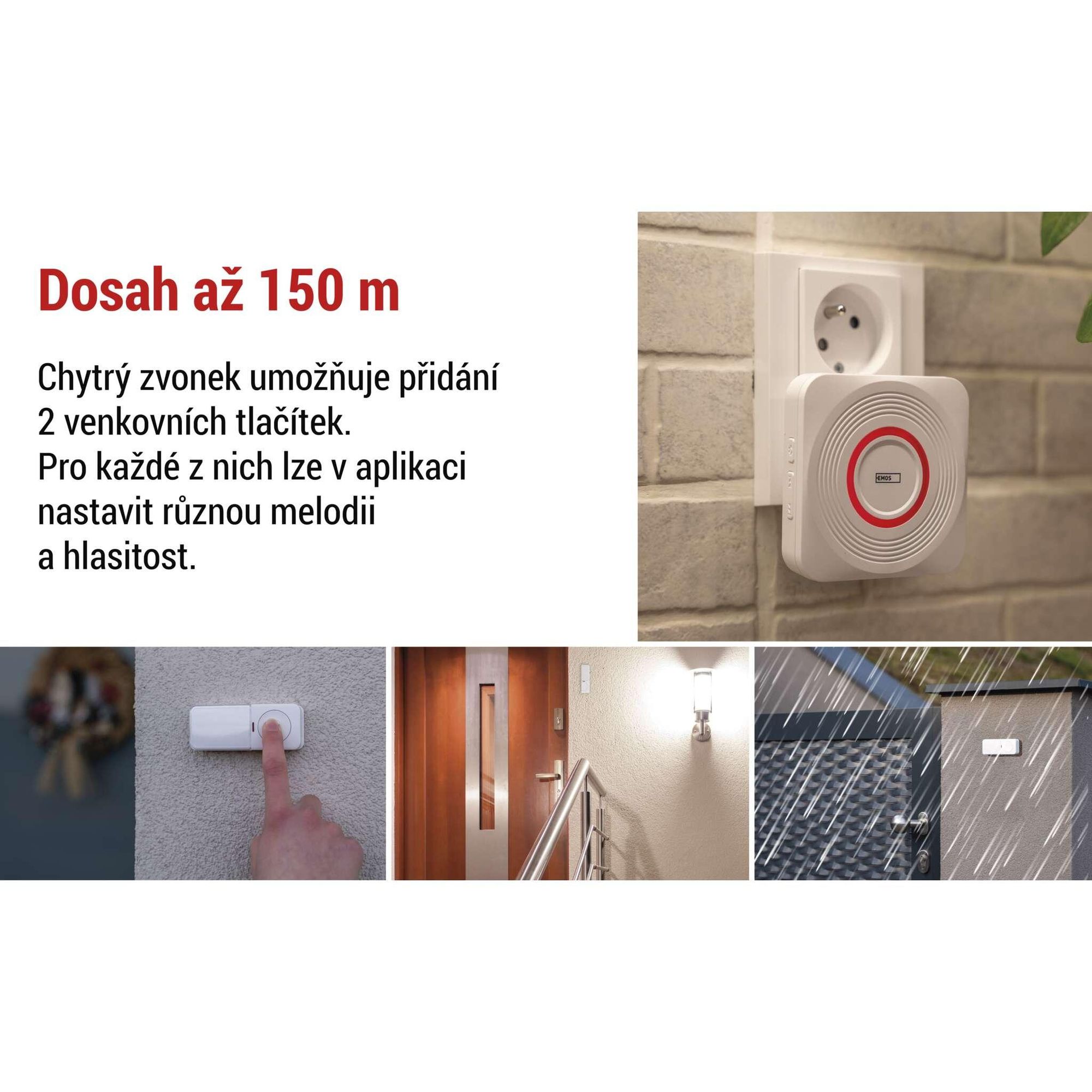 EMOS Smart Home bezdrátový zvonek s aplikací, WiFi, bezdrátový, 52 melodií, dosah 150 m, 4 úrovně hlasitosti až 110 dB, včetně baterie, bílý, P5735WS