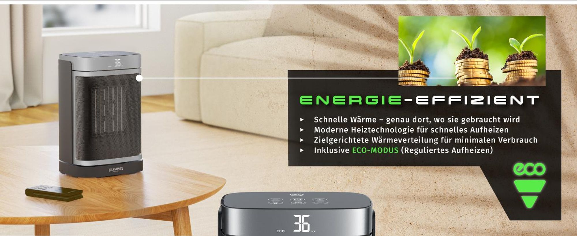 Brandson Heizlüfter energiesparend, Keramik Heizgerät, Oszillation, Timer, Fernbedienung, kompakt, 1500 W, Preisträger 2025, GS , Thermostat, Überhitzungsschutz