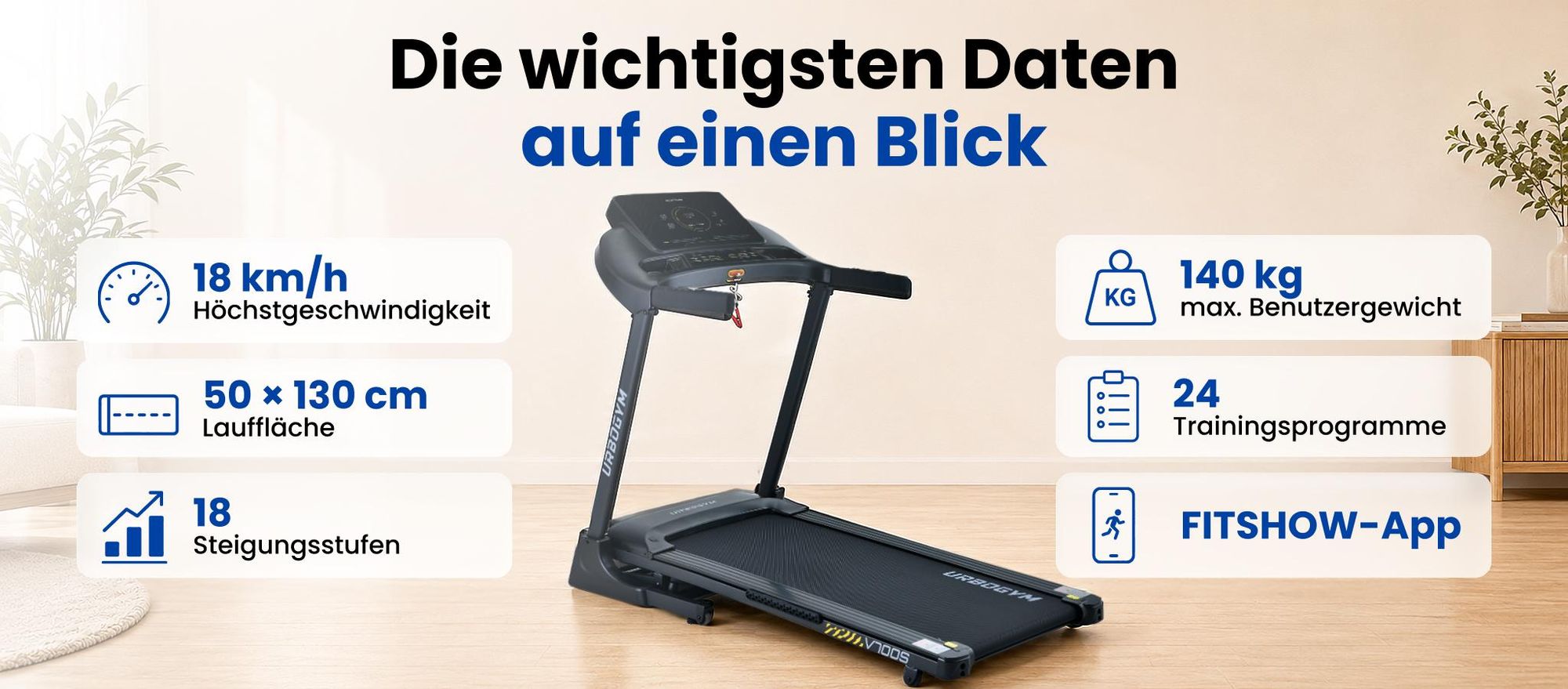 URBOGYM V700S Laufband – 18 km/h, automatische Steigung mit 18 Stufen, Lauffläche 50 × 130 cm, bis 140 kg, klappbar, FITSHOW